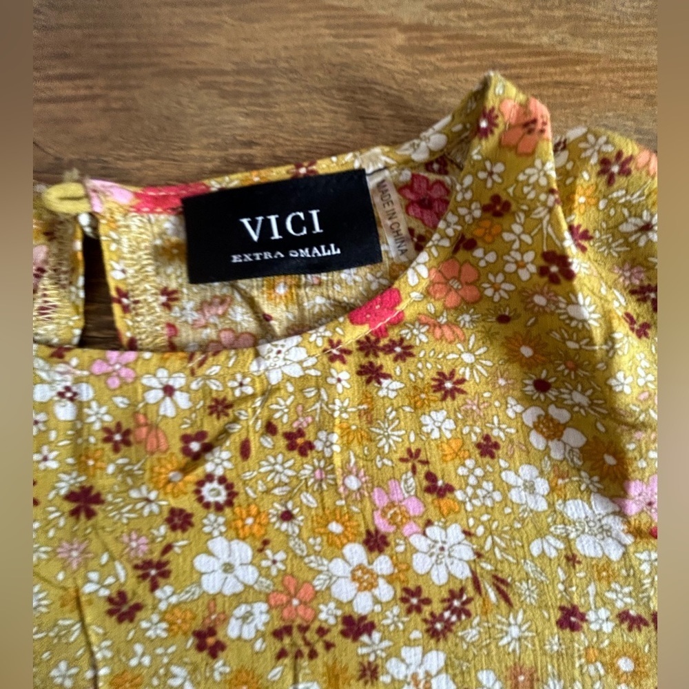 VICI Floral Babydoll Peplum Mustard  Mini floral Yellow Boho Cottagecore Top - Picture 6 of 11